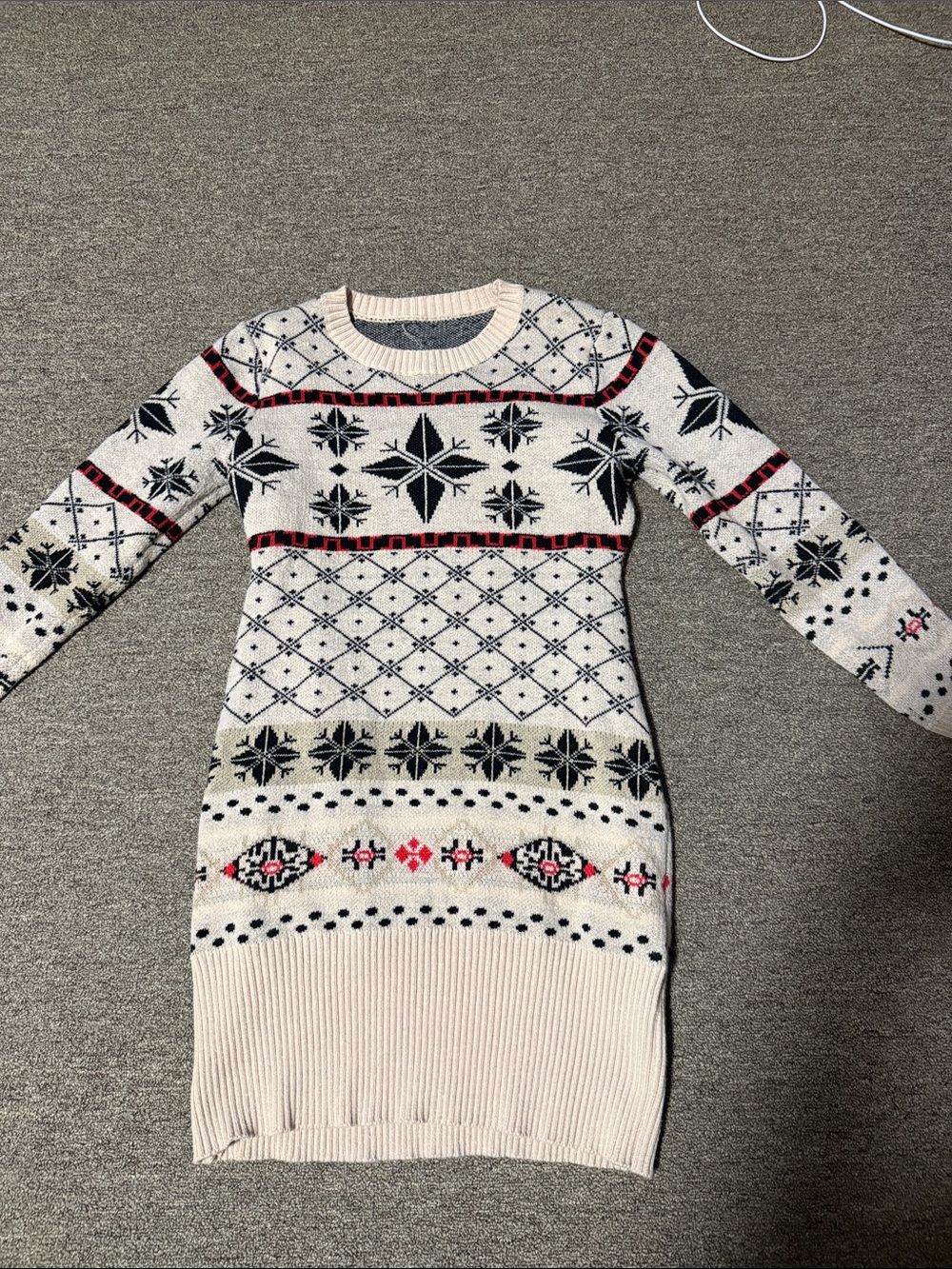 Amazon Cream Fair Isle Crewneck Sweater Dress with Black and Red Accents
